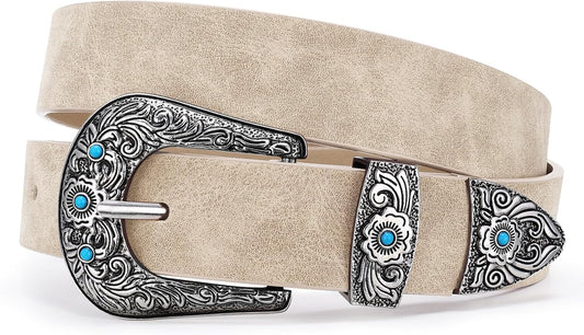 HOTXZQTIVE Western Belt for Women, Cowgirl Cowboy Suede Leather Belt for Jeans Pants, Country Belts with Vintage Buckle