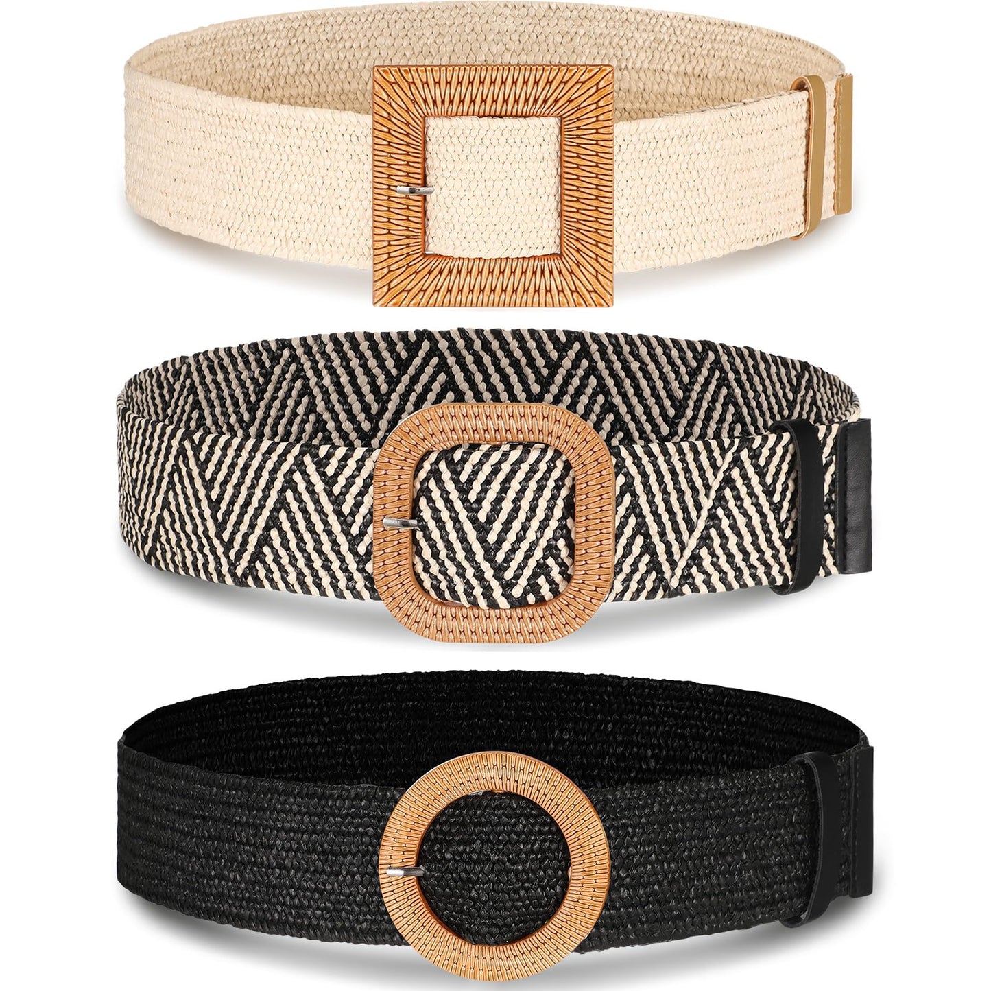 HOTSyhood 3 Pieces Straw Woven Elastic Waist Belt for Women Bohemian Dress Braided Belt