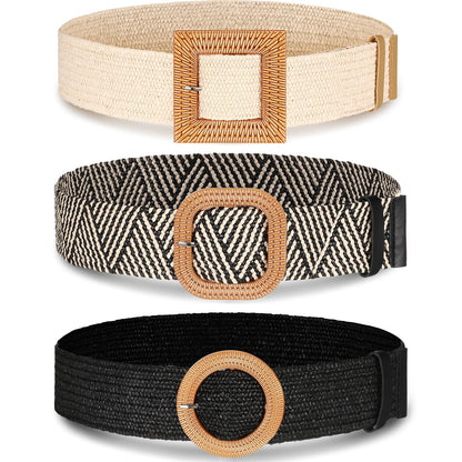 HOTSyhood 3 Pieces Straw Woven Elastic Waist Belt for Women Bohemian Dress Braided Belt