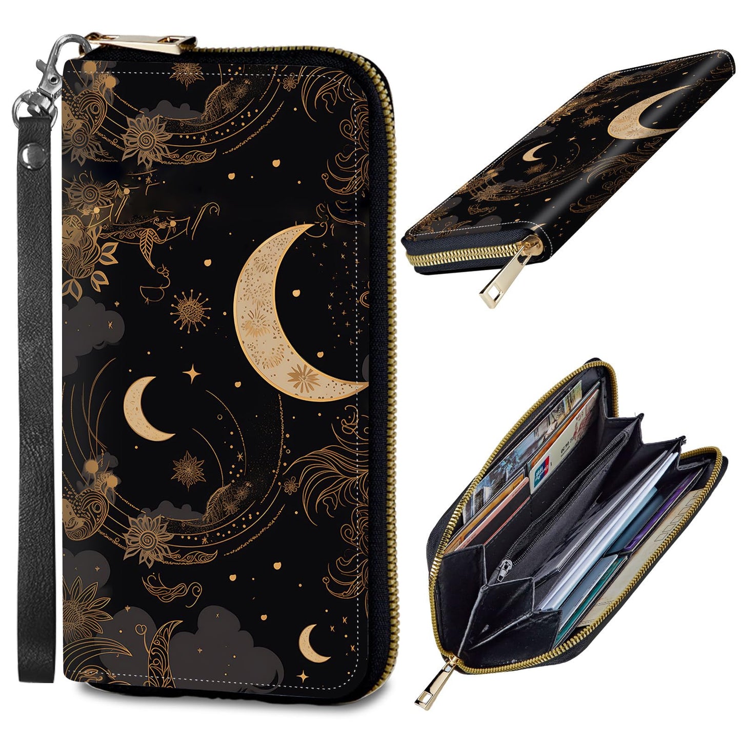 HOTWomens Wallet, PU Leather RFID Cute Wristlet Wallets for Girls Women Ladies Purse Large Credit Card Clutch Purse Card Holder Coin Pocket Travel Wallets with Zipper, Art Black Cat