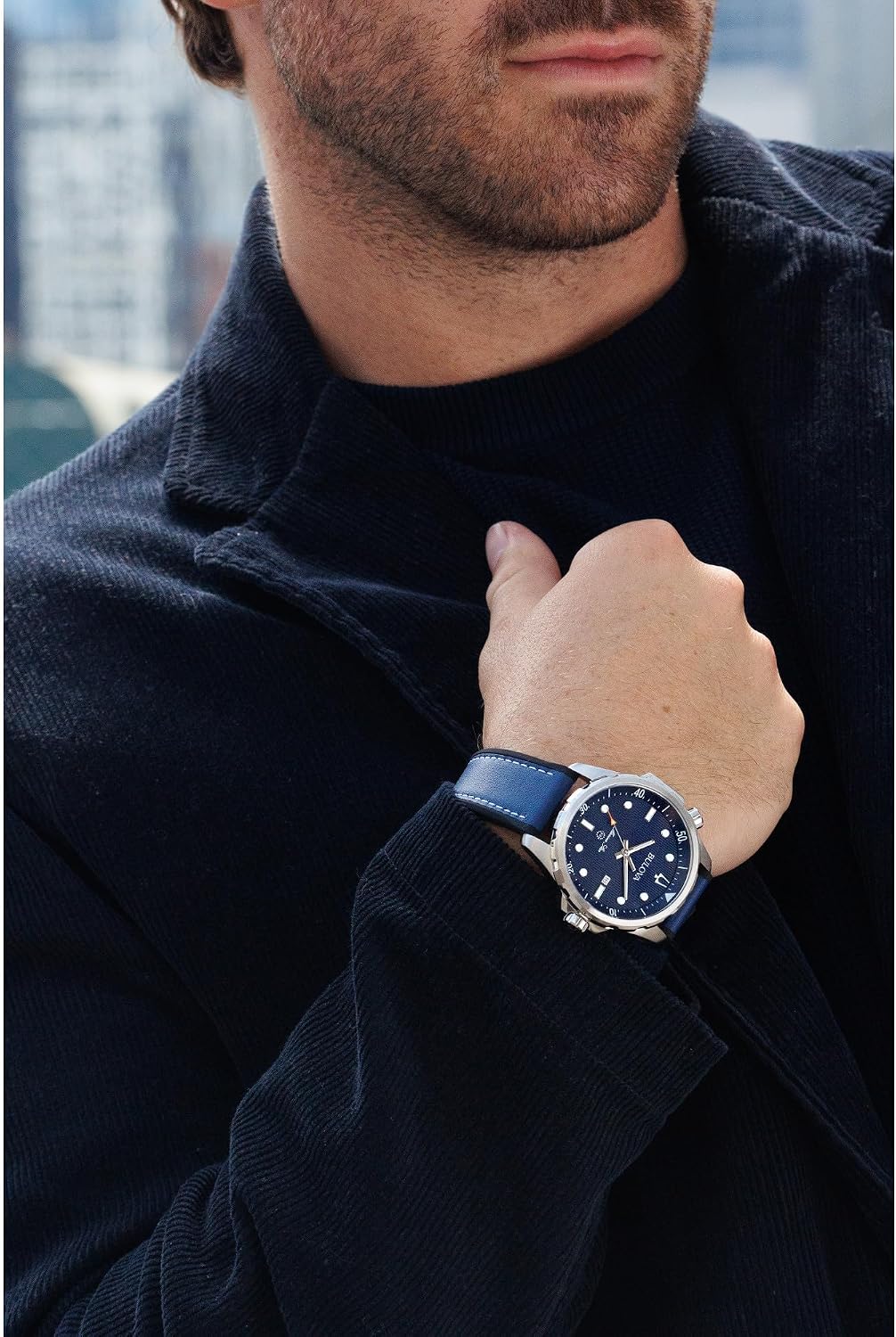 HOTBulova Men's Marine Star Quartz Silver Stainless Steel Watch, Leather and Silicone Strap, 100M Water Resistant, 43mm