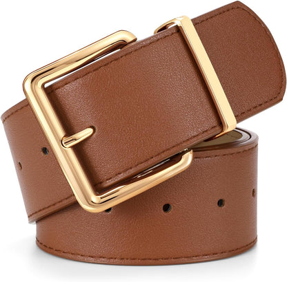 HOTWERFORU Women Wide Belt for Dresses Thick Leather Belt with Big Gold Buckle Fahion Women Chunky Belt