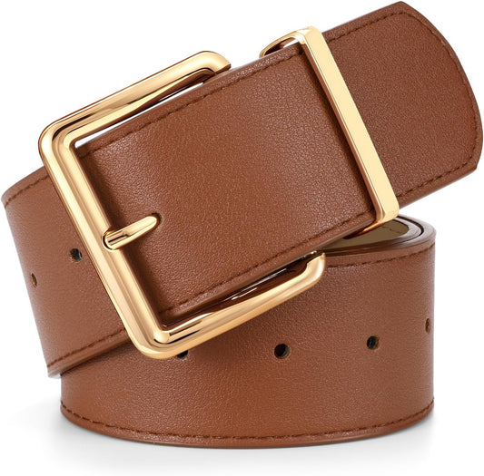 HOTWERFORU Women Wide Belt for Dresses Thick Leather Belt with Big Gold Buckle Fahion Women Chunky Belt