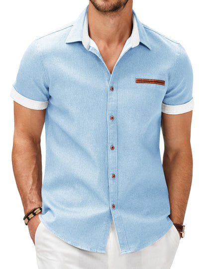 HOTCOOFANDY Men's Cotton Casual Short Sleeve Button Down Shirt Plaid Collar Denim Work Shirts