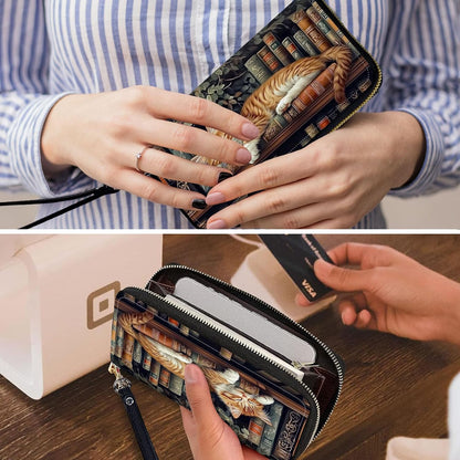 HOTWristlet Wallets for Women,Ladies Women's Wallet,Clutch Purses for Female Leather Large Capacity Credit Card Holder with Zipper Slim Cute Coin Pocket,RFID Blocking,Cat Bookshelf