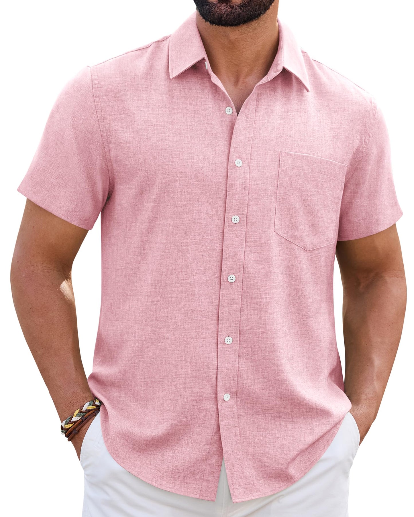 HOTMens Linen Shirt Short Sleeve Wrinkle Free Casual Untucked Button Down Shirts Beach Breathable Tops Summer