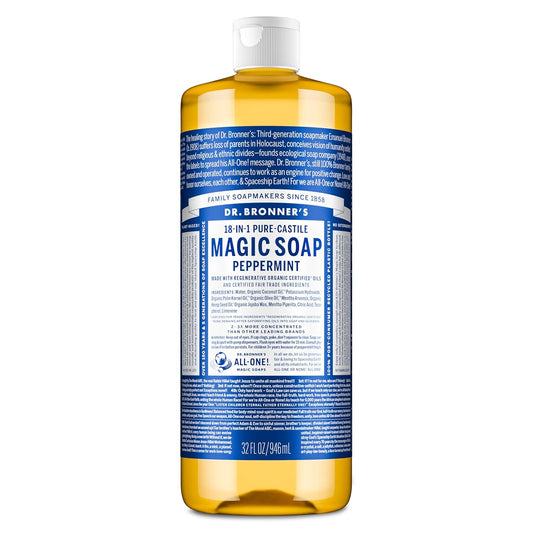 HOTDr. Bronner's Pure-Castile Magic Liquid Soap - Made with Regenerative Organic Certified Oils- 18-in-1 Uses for Face, Body, Hand, Hair, Laundry & More- Vegan, Non-GMO- Body Wash- Peppermint,32oz