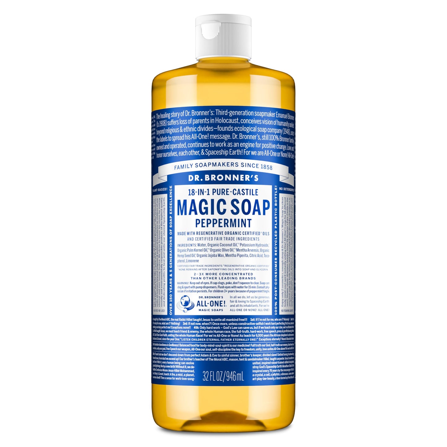 HOTDr. Bronner's Pure-Castile Magic Liquid Soap - Made with Regenerative Organic Certified Oils- 18-in-1 Uses for Face, Body, Hand, Hair, Laundry & More- Vegan, Non-GMO- Body Wash- Peppermint,32oz