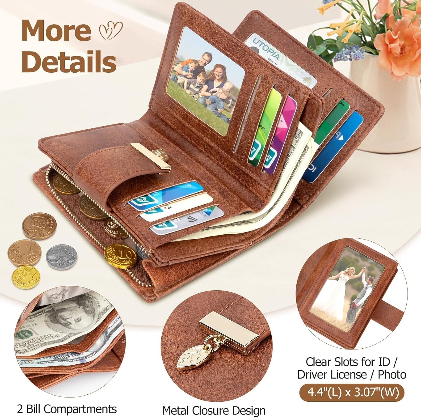HOTHUANLANG Small Wallets for Women Rfid Blocking Leather Bifold Credit Card Holder Ladies Wallet Zipper Pocket with ID Window