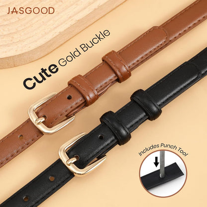 HOTJASGOOD Women Skinny Faux Leather Belt Thin Waist Belt for Women Jeans Dress Fashion Ladies Belt with Gold Buckle,21 Colors