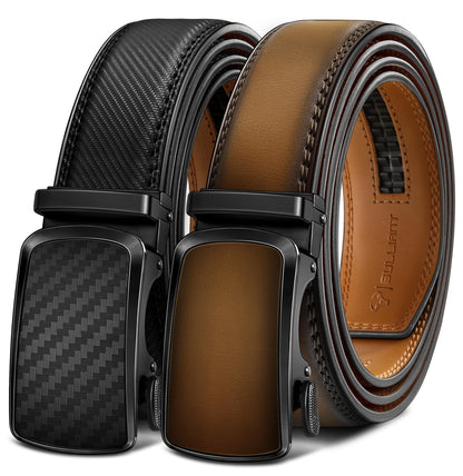 HOTBULLIANT Men's Ratchet Leather Belt Trimmable 2Pack 1 3/8"-Gift Boxed | Smooth Sliding | Precise Fit | Tailored Size | Holeless for Dress or Casual