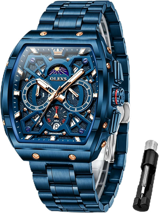 HOTOLEVS Watches for Men Analog Quartz Luxury Diamond Waterproof Chronograph Stainless Steel Big Face Square Date Moon Phase Roman Numeral Dress Mens Watches