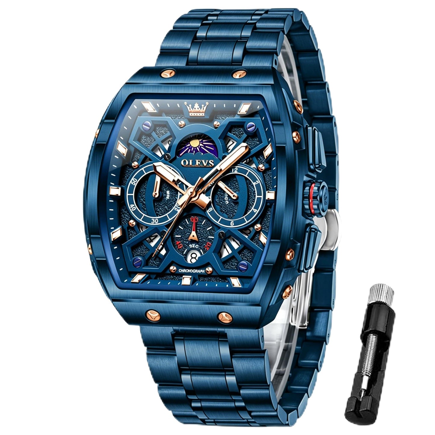 HOTOLEVS Watches for Men Analog Quartz Luxury Diamond Waterproof Chronograph Stainless Steel Big Face Square Date Moon Phase Roman Numeral Dress Mens Watches