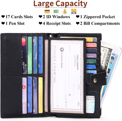 HOTSENDEFN Women's Wallet Large Capacity RFID Blocking Leather Wallets Credit Cards Organizer with Checkbook Holder