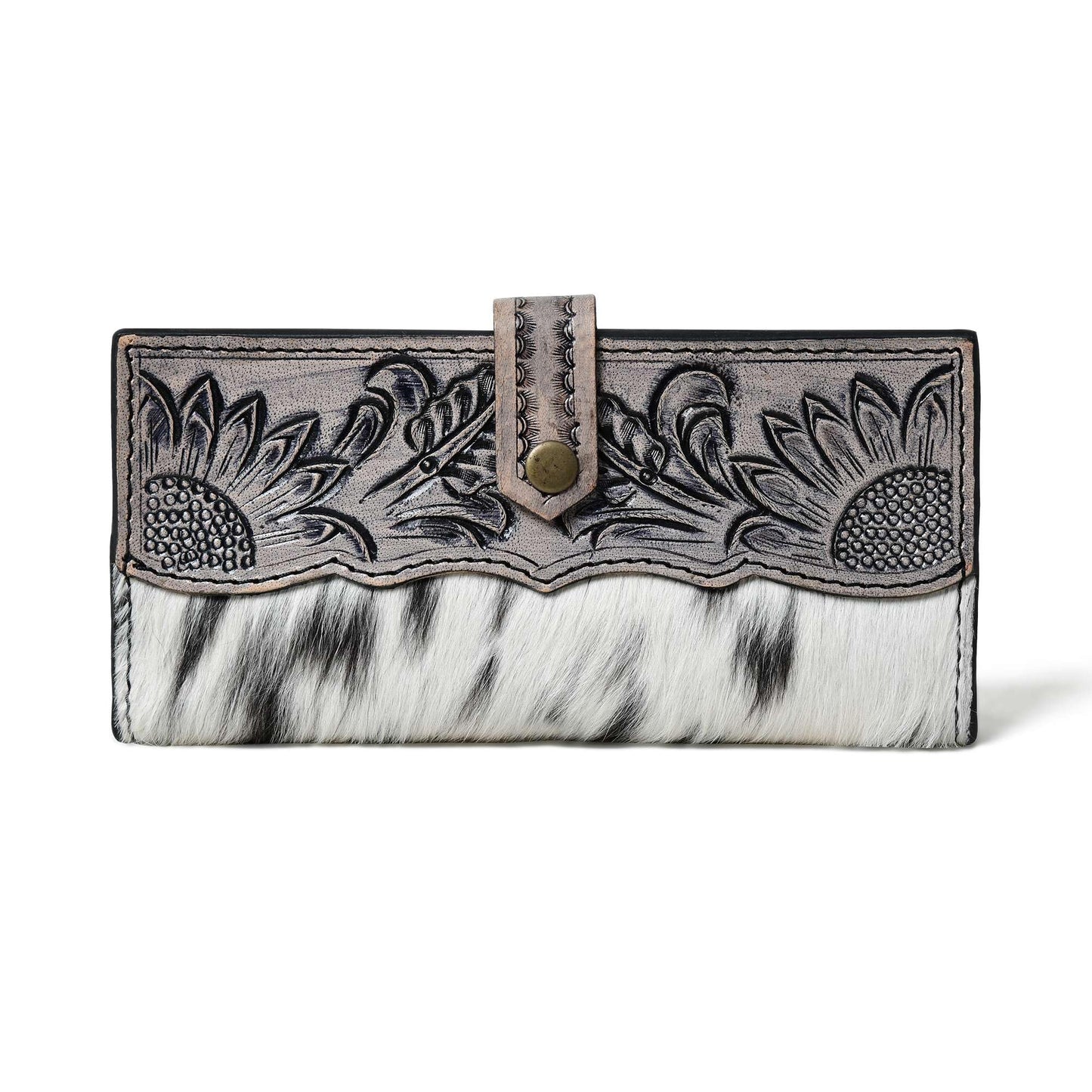 HOTMerbaa Cowhide Leather Wallet for Women | Handmade Floral Tooled Long Clutch with Snap Closure | Western Style Purse | Rustic Cowgirl Bag
