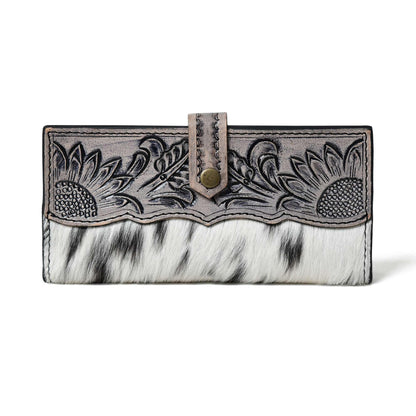 HOTMerbaa Cowhide Leather Wallet for Women | Handmade Floral Tooled Long Clutch with Snap Closure | Western Style Purse | Rustic Cowgirl Bag