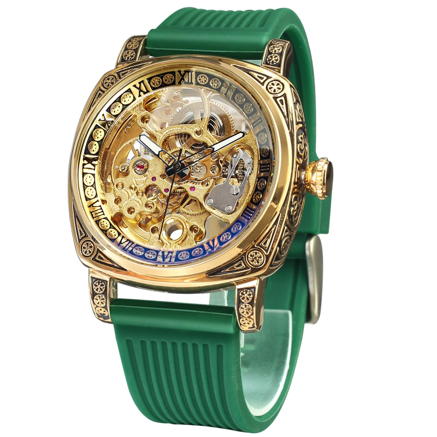 HOTFORSINING Watches for Man, Square Retro Mechanical Watch Self-Wind Carved, Skeleton Automatic Watches Vintage Leather Strap Wristwatch