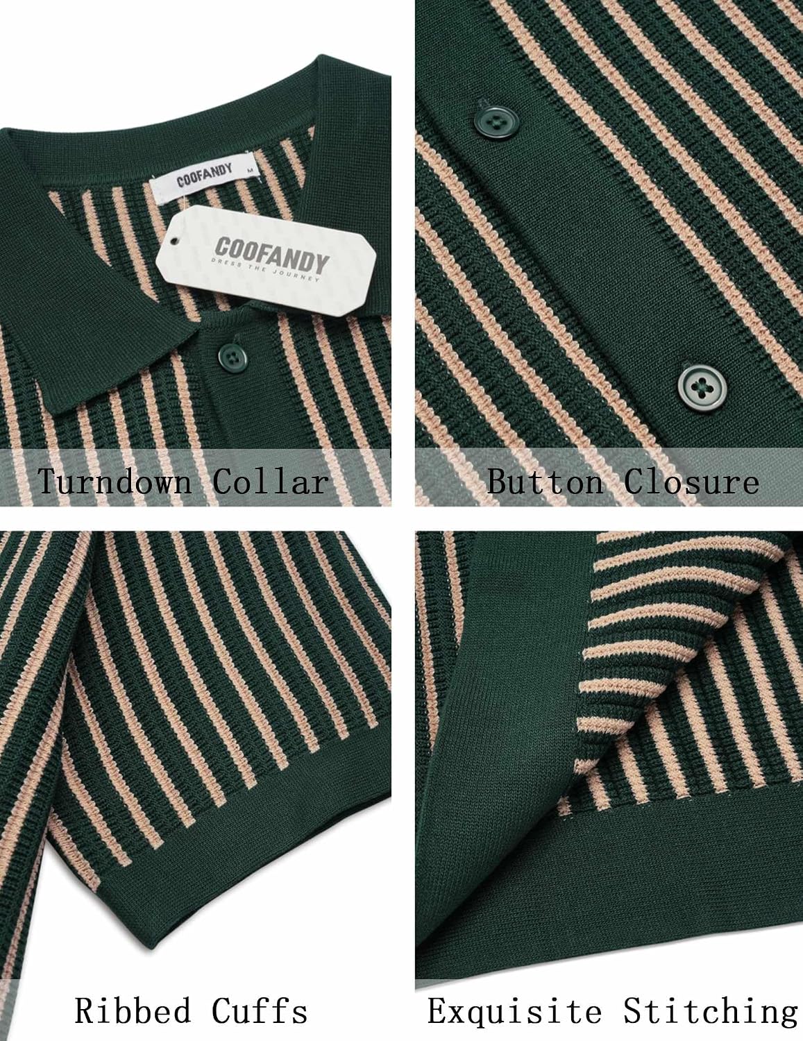 HOTCOOFANDY Mens Knit Button Down Shirts Short Sleeve Polo Shirt Vintage Striped Casual Shirts
