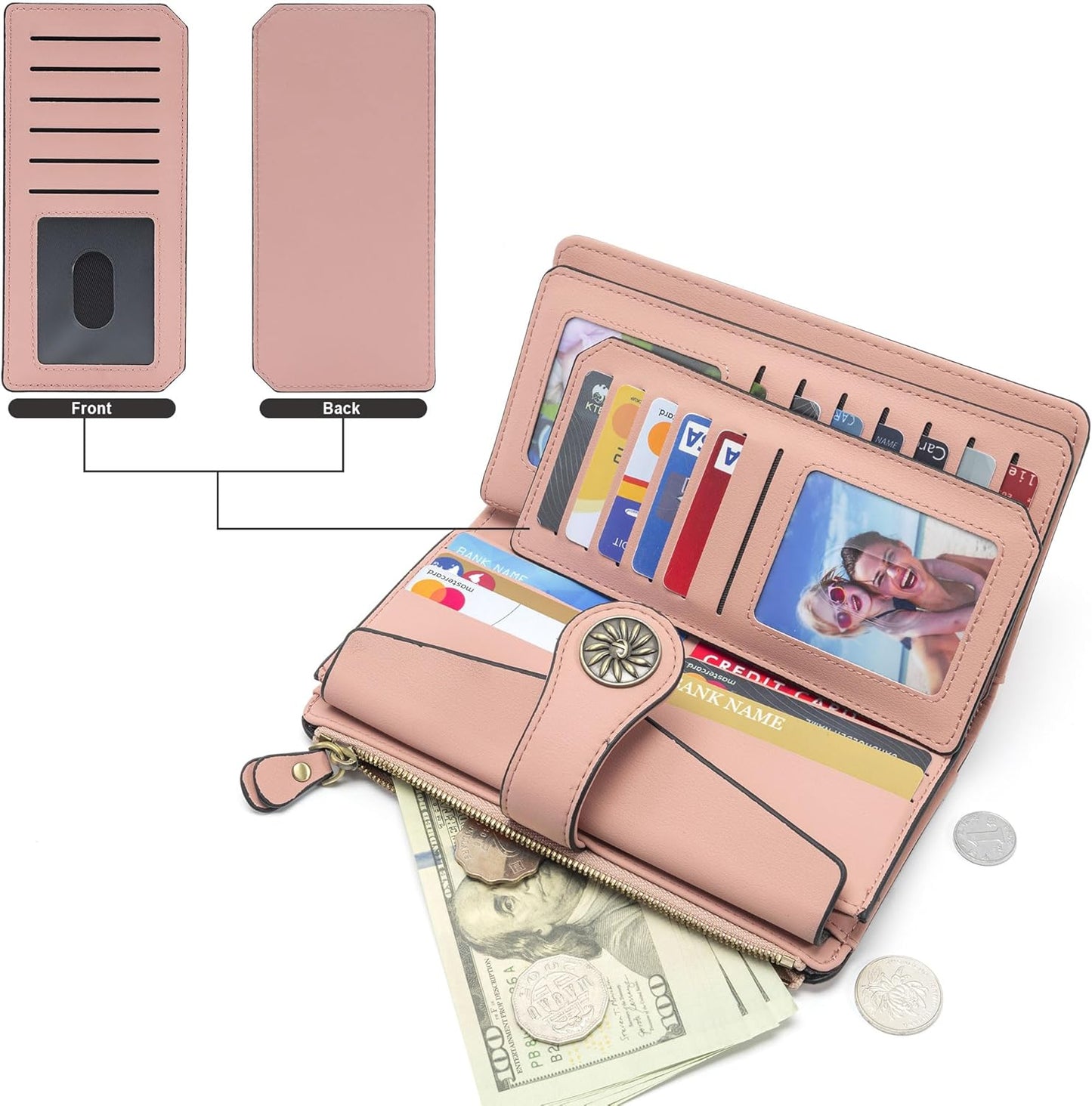 HOTTravelambo Wallets Women RFID Large Capacity Luxury Waxed Leather Clutch Wallet Multi Card Organizer(Light Purple + Champagne Pink)
