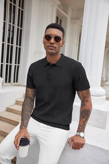 HOTCOOFANDY Mens Knit Polo Shirts Short Sleeve Ribbed Textured Polo Shirt Lightweight Casual Golf Shirts Collared T Shirt