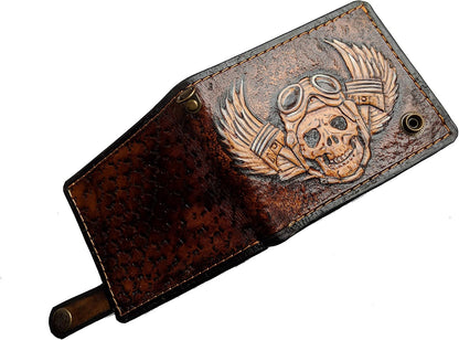 HOTMen's 3D Genuine Leather Wallet, Hand-Carved, Hand-Painted, Leather Carving, Custom wallet, Personalized wallet, Bike wallet, Skull and Wings wallet, Biker wallet