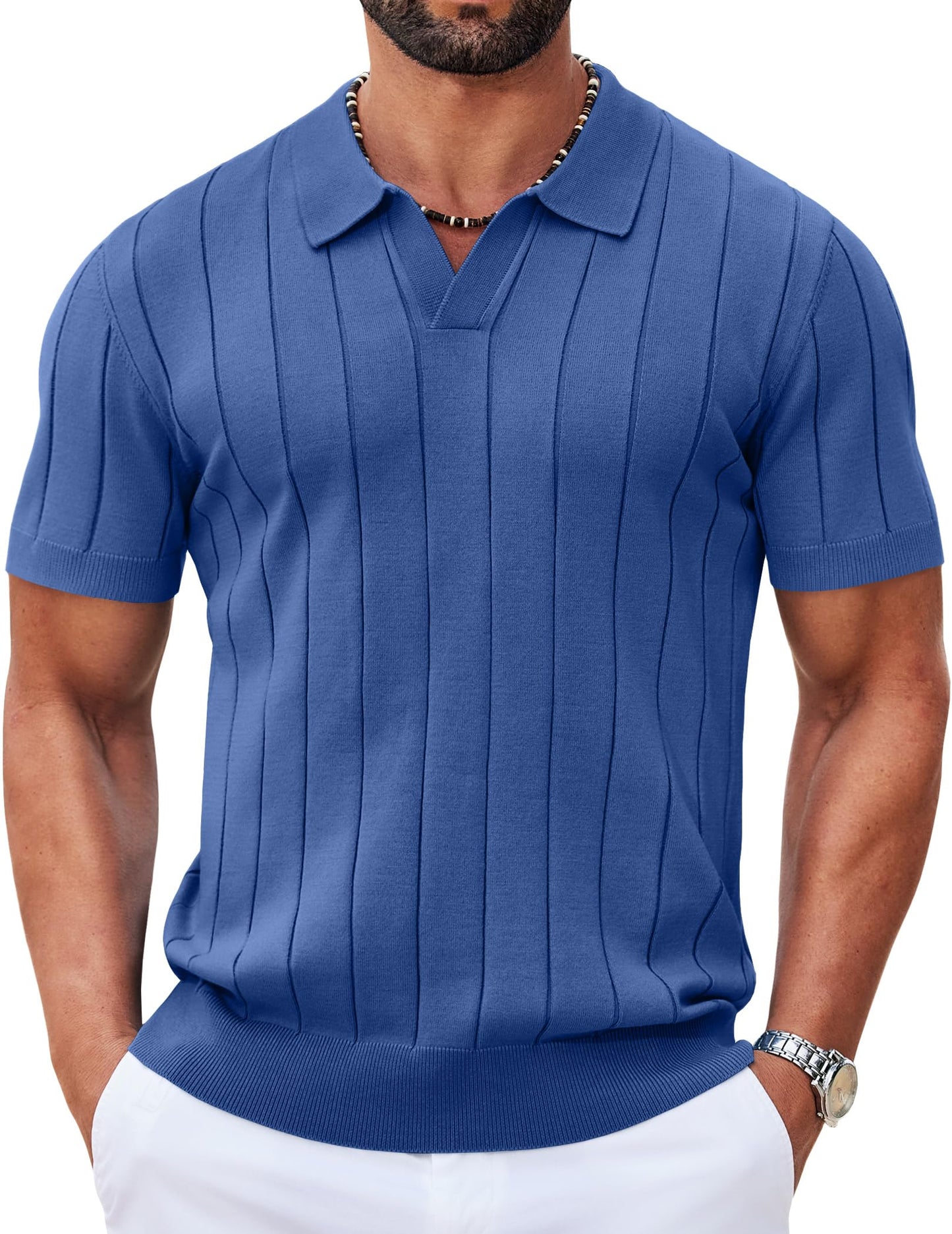 HOTCOOFANDY Mens Polo Shirts Short Sleeve V Neck Knit Shirts for Men Casual Old Money Clothes Mens Golf Shirt