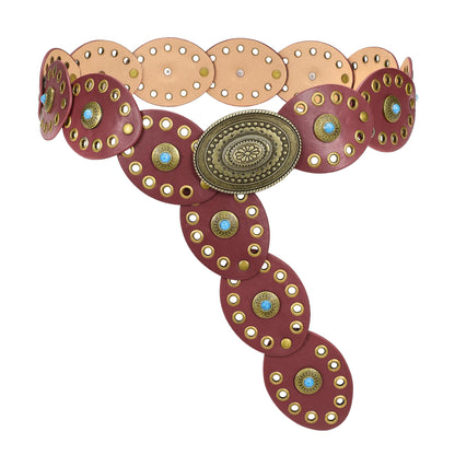 HOTTRIWORKS Western Belts for Women Wide Cowgirl Disc Belt with Turquoise Boho Concho Leather Belt Country Belt for Dress