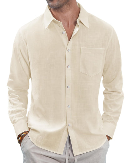HOTJ.VER Men's Linen Shirts Casual Button Down Long Sleeve Shirt Solid Spread Collar Summer Beach Shirts with Pocket