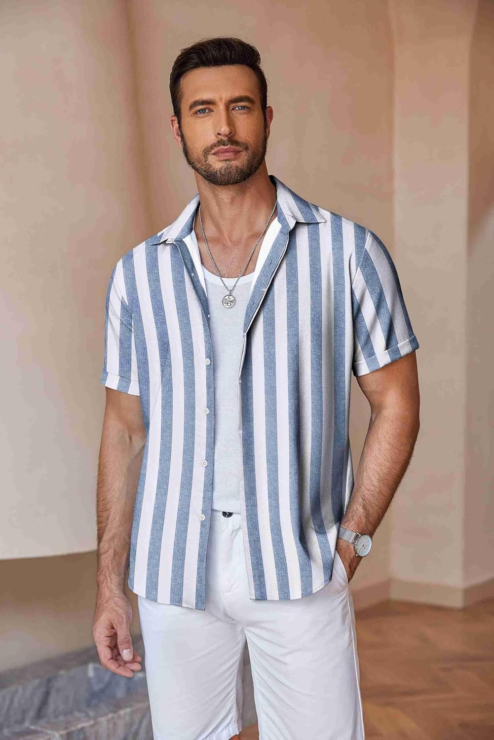 HOTCOOFANDY Men's Linen Shirts Short Sleeve Casual Shirts Button Down Shirt for Men Beach Summer Wedding Shirt