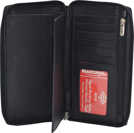 HOTMARSHAL Genuine Leather Checkbook Cover Zippered (RFID Black)