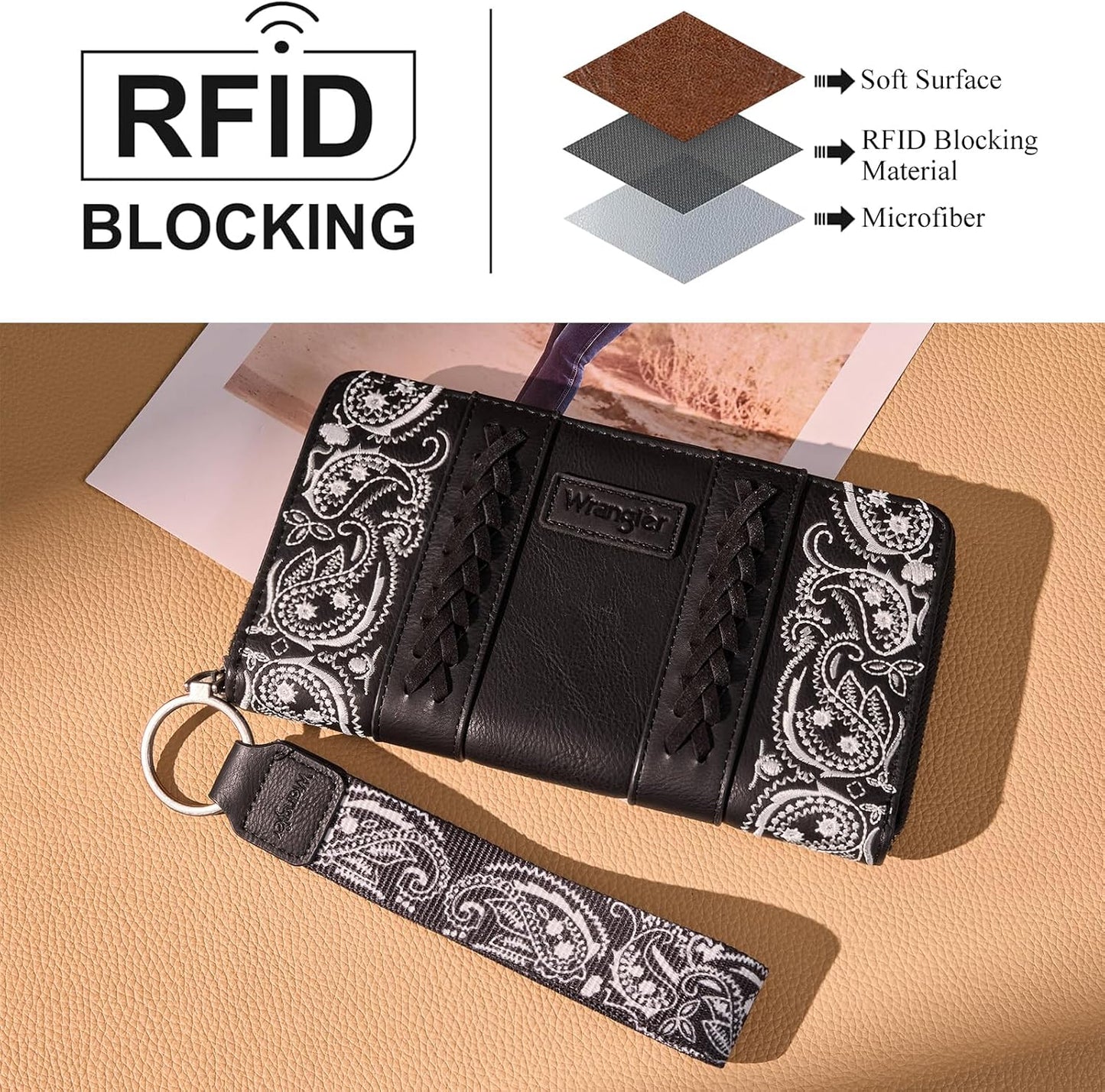 HOTMontana West Wrangler Western Paisley Wristlet Wallet for Women, PU Leather Zip Around Card Holder Clutch with RFID Blocking & Coin Pocket