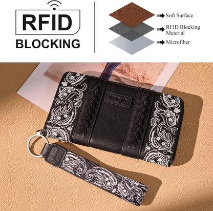 HOTMontana West Wrangler Western Paisley Wristlet Wallet for Women, PU Leather Zip Around Card Holder Clutch with RFID Blocking & Coin Pocket
