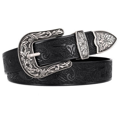 HOTJASGOOD Women Leather Belts Ladies Vintage Western Design Black Waist Belt for Pants Jeans Dresses