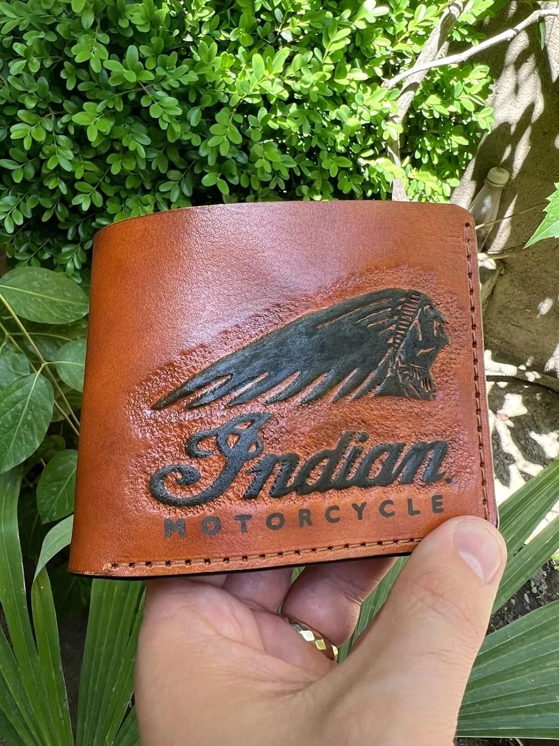 HOTIndian Skull Motorcycle, Red Man, Native American Skull Wallet, 3D Genuine Leather Wallet, Hand Carved, Leather Carving, Carving Wallet, Airbrush Art, Custom wallet, Biker Wallet, A