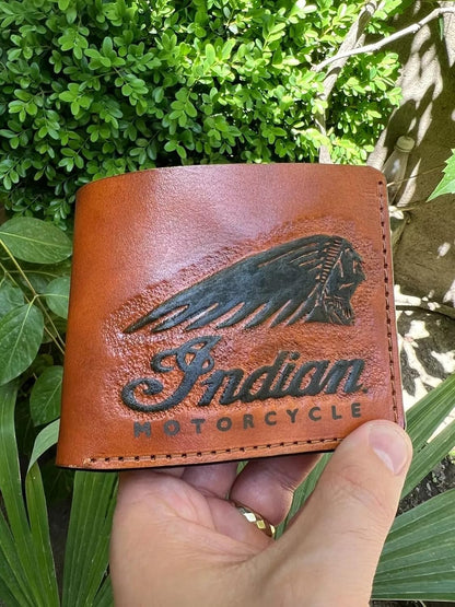 HOTIndian Skull Motorcycle, Red Man, Native American Skull Wallet, 3D Genuine Leather Wallet, Hand Carved, Leather Carving, Carving Wallet, Airbrush Art, Custom wallet, Biker Wallet, A