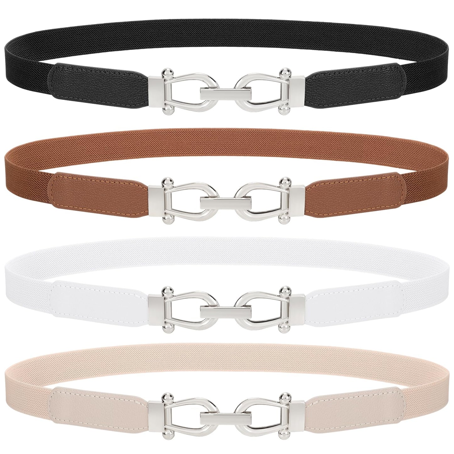 HOTTRIWORKS 4 Pack Women Skinny Elastic Belts Gold Buckle Thin Stretchy Waist Belts for Dresses