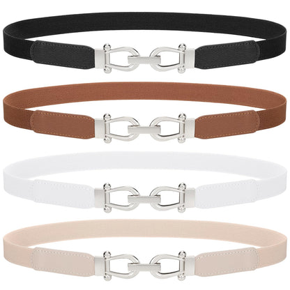 HOTTRIWORKS 4 Pack Women Skinny Elastic Belts Gold Buckle Thin Stretchy Waist Belts for Dresses