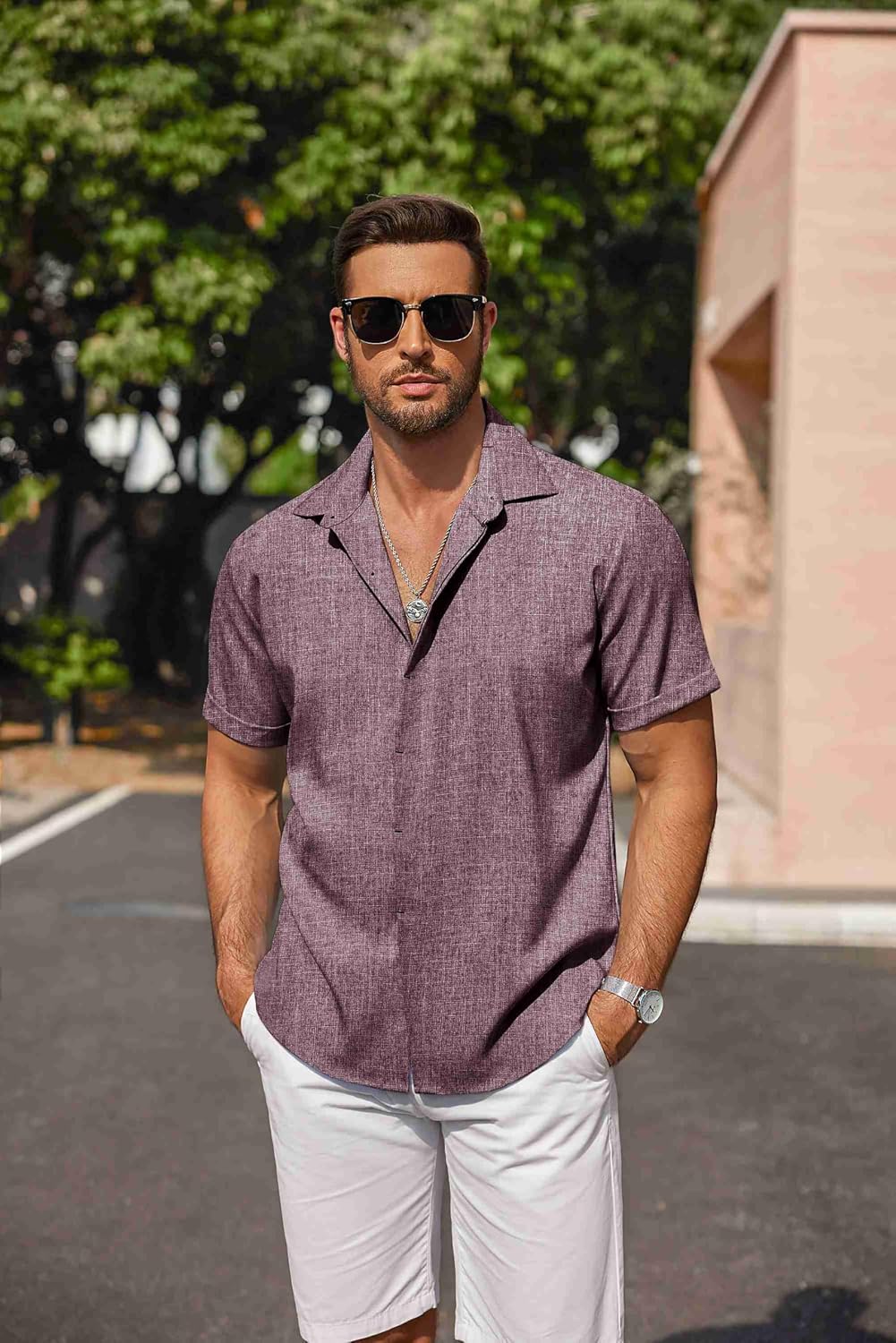 HOTCOOFANDY Men's Linen Shirts Short Sleeve Casual Shirts Button Down Shirt for Men Beach Summer Wedding Shirt