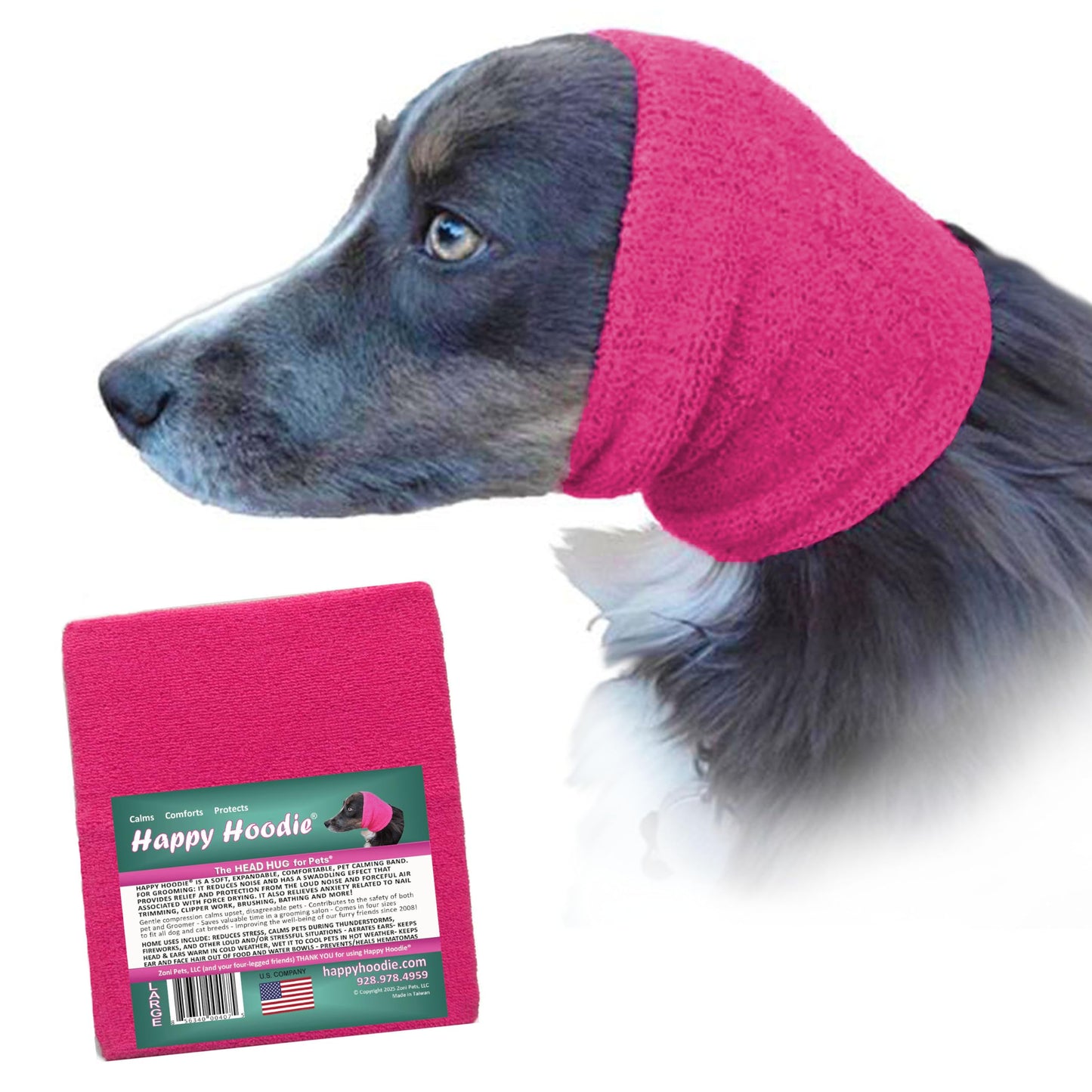 HOTHappy Hoodie The Original Dog & Cat Calming Band - American Brand - Anxiety Relief/Noise Protection - Grooming - Thunder - Fireworks (Black) - Since 2008, Large (Pack of 2)