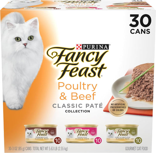 HOTFancy Feast Poultry and Beef Feast Classic Pate Collection Grain Free Wet Cat Food Variety Pack - (Pack of 30) 3 oz. Cans