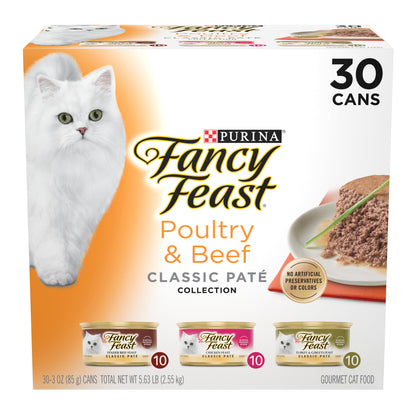 HOTFancy Feast Poultry and Beef Feast Classic Pate Collection Grain Free Wet Cat Food Variety Pack - (Pack of 30) 3 oz. Cans