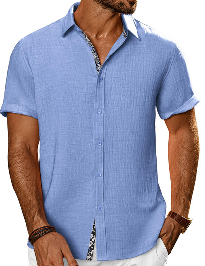 HOTPJ PAUL JONES Mens Short Sleeve Button Down Shirts Casual Summer Clothing | Linen Textured, Summer Beach Vacation Tops, Untucked Dress Shirt, Lightweight, Regular Fit, Fashion Resort Wear