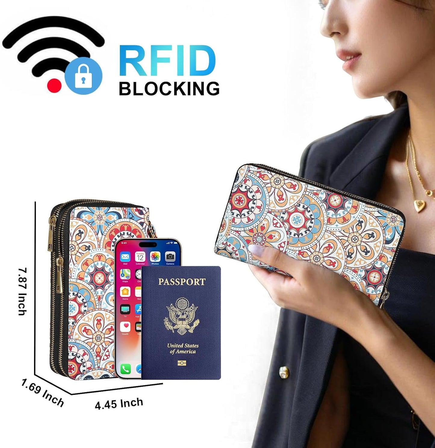 HOTRFID Blocking Cellphone Wallet for Women with Removable Strap, Double Zipper Wristlet Bag Large Capacity, Ladies Travel Clutch Purse, Artistic Flower