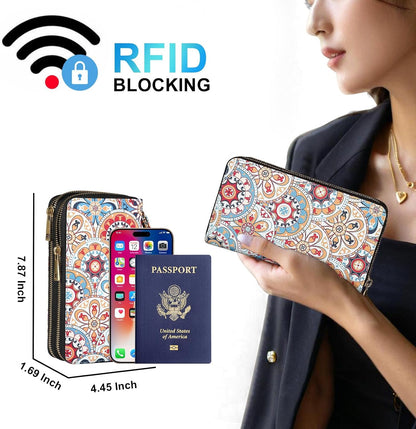 HOTRFID Blocking Cellphone Wallet for Women with Removable Strap, Double Zipper Wristlet Bag Large Capacity, Ladies Travel Clutch Purse, Artistic Flower