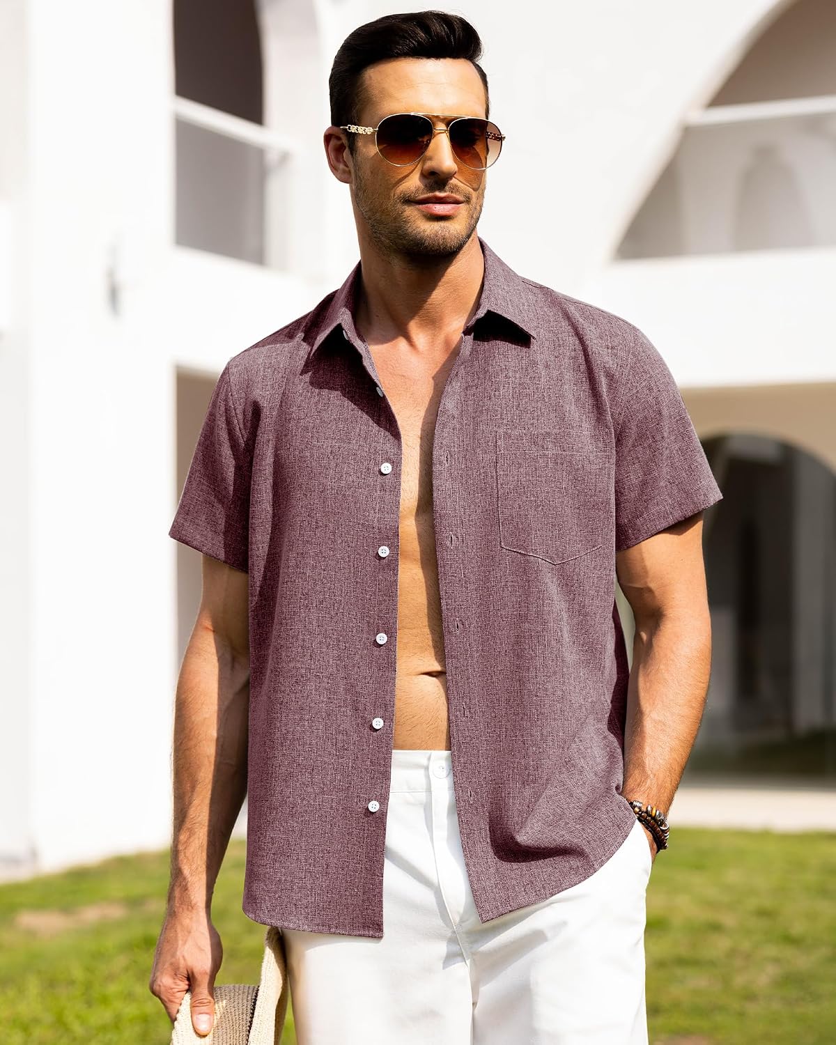HOTAlimens & Gentle Mens Linen Shirts Short Sleeve Button Down Shirts Wrinkle Free Casual Vacation Beach Summer Tops