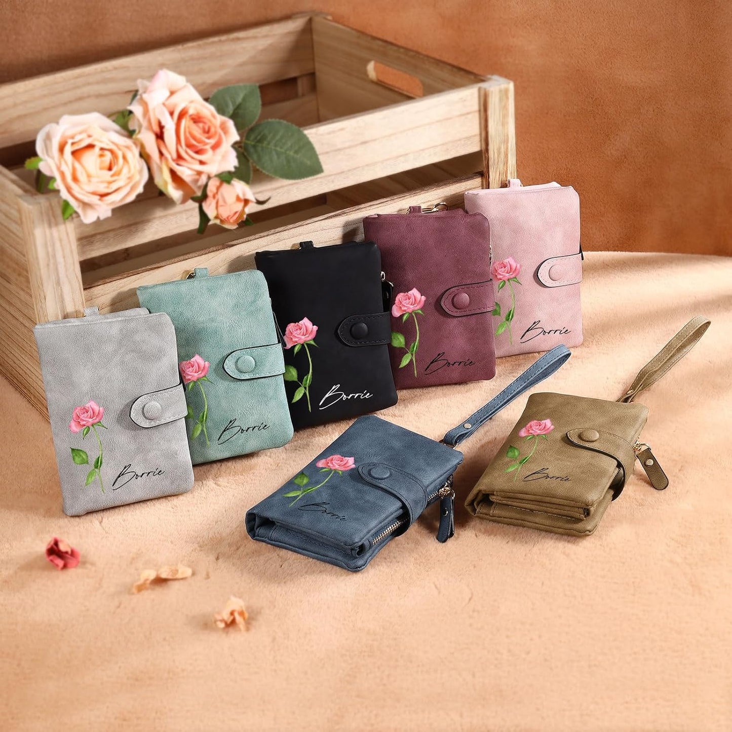 HOTPersonalized Custom Wallet with Birth Flower & Name for Women Mom Credit Card Wallet With Wrist Strap Birthday Gifts for Mothers Day (Pink)