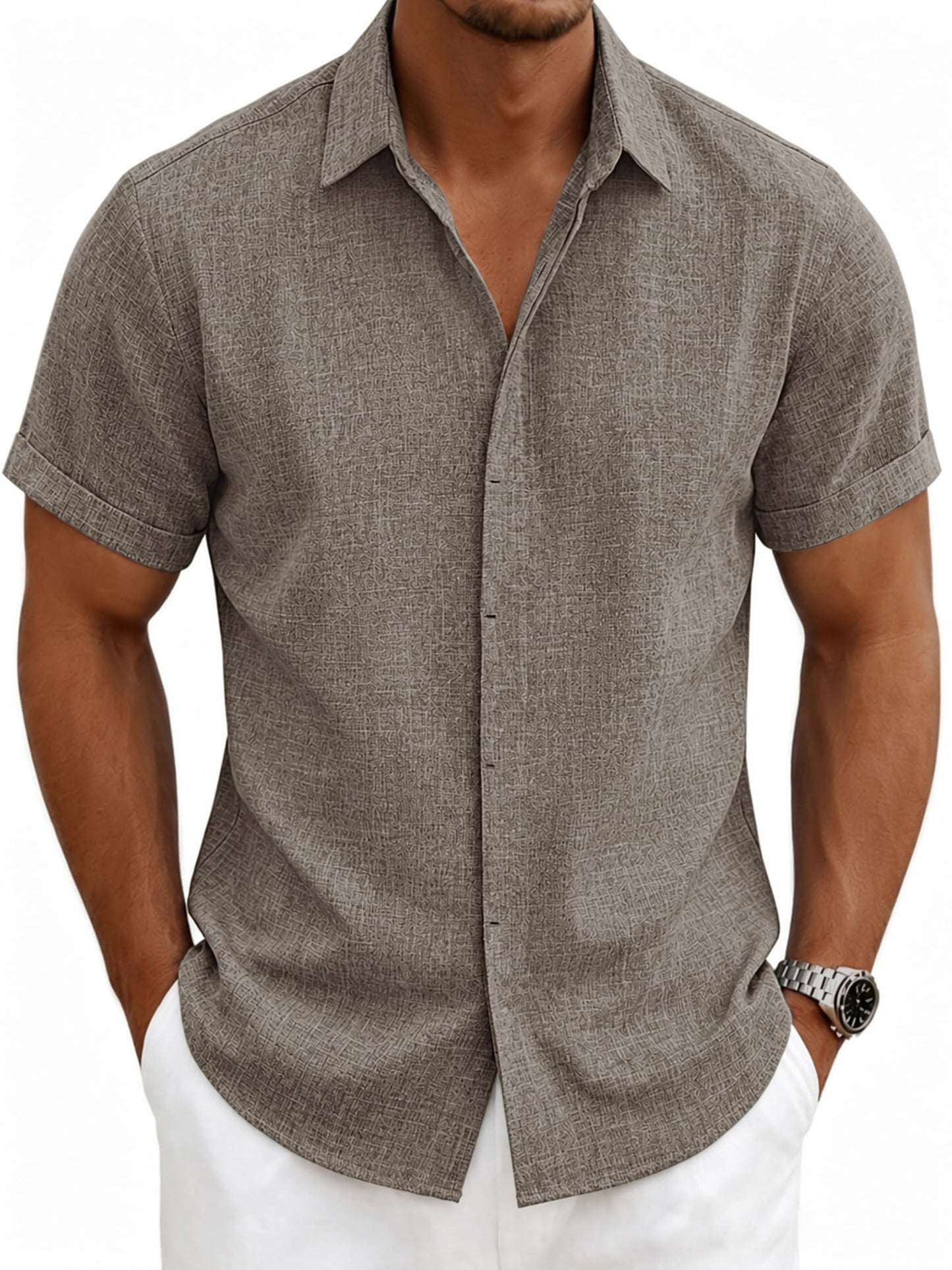 HOTMens Linen Shirts Short Sleeve Casual Shirt Button Down Summer Beach Vacation Tops Men Casual Dress Shirts Breathable