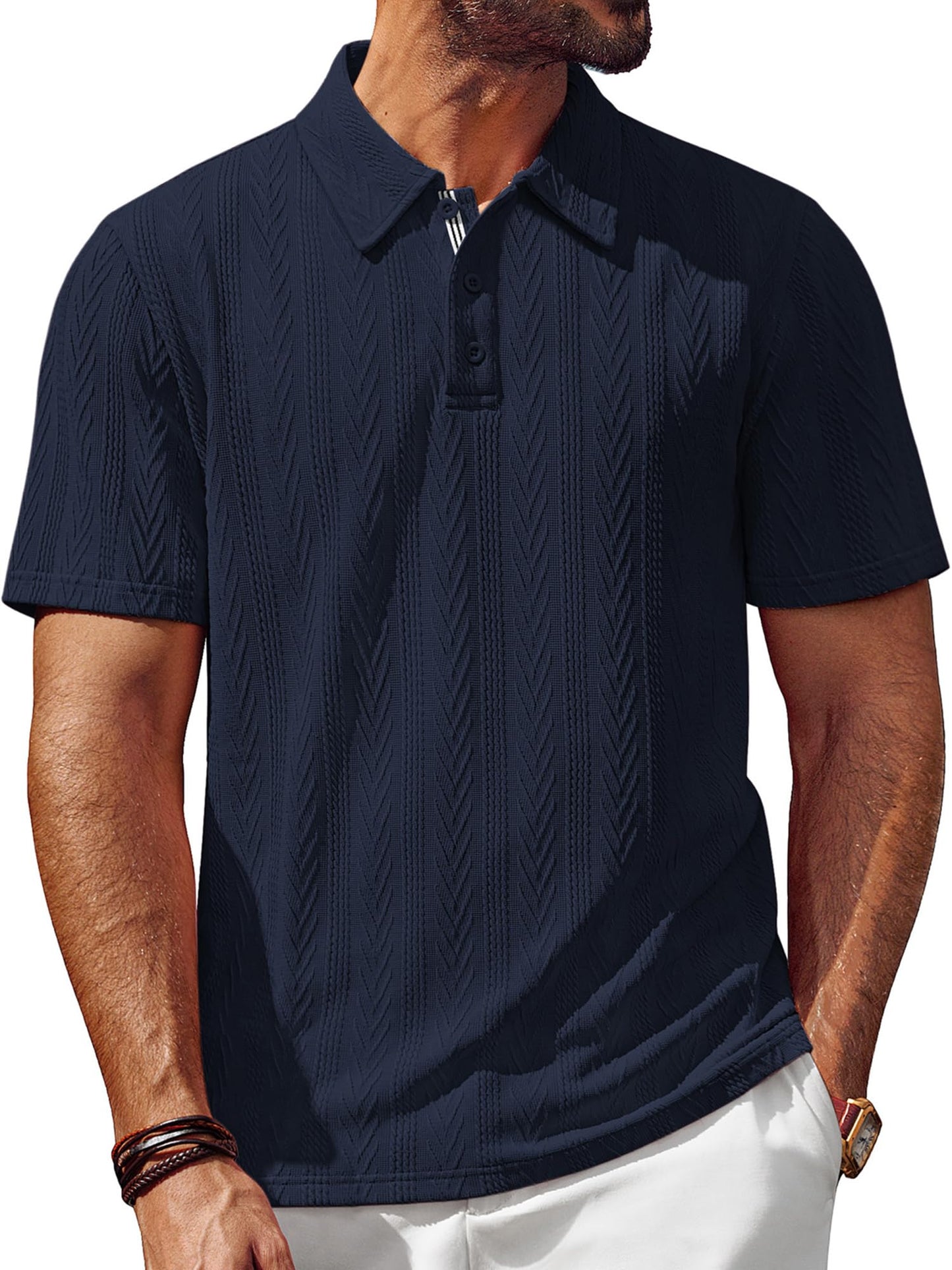 HOTPJ PAUL JONES Mens Polo Shirts Short Sleeve Knit Polo | Textured Knit Polo Shirt, Contrast Striped Placket, Golf Collared, Regular Fit, Stretchy, Wrinkle-free, Breathable, Old Money