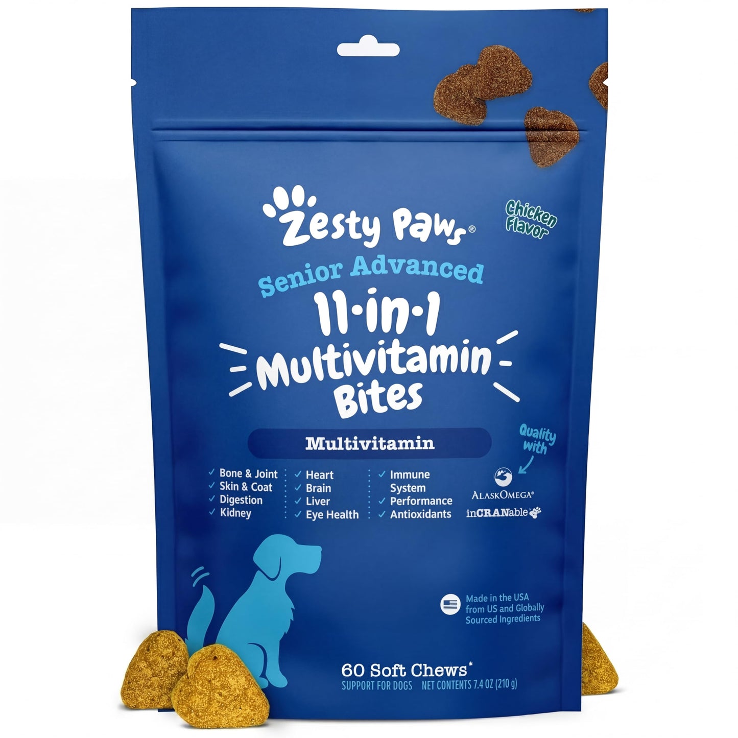 HOTZesty Paws Dog Multivitamin, Chewable Dog Vitamins and Supplements for Hip & Joints, Skin & Coat, Omega 3 Fish Oil for Dogs- Senior & Puppy Multivitamin- Chicken- 90ct