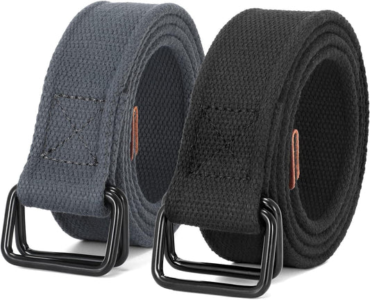 HOTJASGOOD Men Canvas Fabric Belts Casual Web Cloth Belts with Black Double Ring Buckle 2 Pack